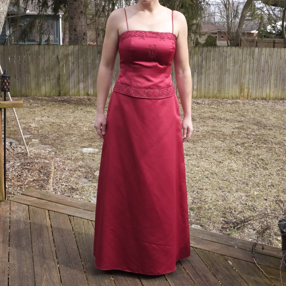 Red Satin Embroidered 2 piece Gown